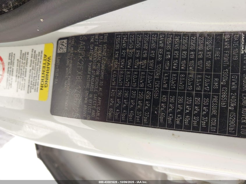 2020 Jaguar E-pace VIN SADFK2FX8L1Z86725 IAAI salvage auction — Unknown, Salvage (Texas), sold $1,250 on 2026-03-10 (photo 9)