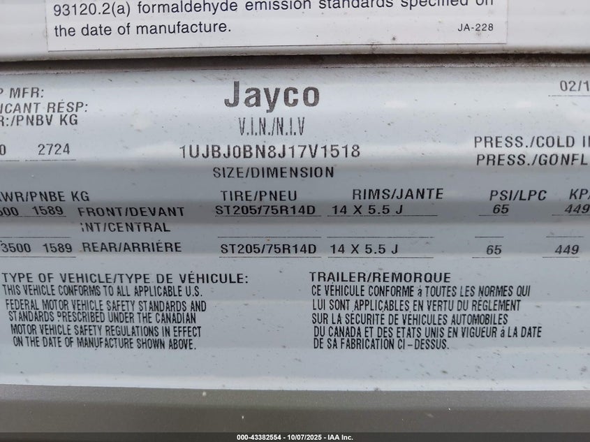 2018 VIN 1UJBJ0BN8J17V1518 IAAI salvage auction — HAIL, Salvage (Kansas), sold $4,950 on 2026-09-11 (photo 9)