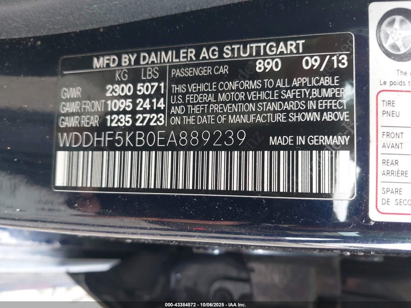 2014 Mercedes-benz E-class VIN WDDHF5KB0EA889239 IAAI salvage auction — SIDE, Salvage Title, sold $1,950 on 2026-08-12 (photo 9)