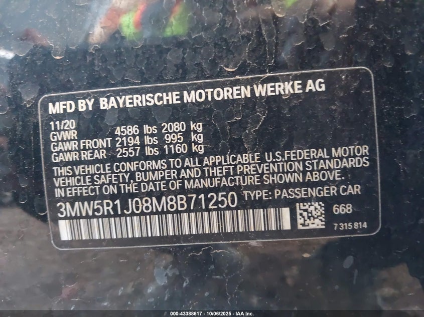 2021 BMW 3 series VIN 3MW5R1J08M8B71250 IAAI salvage auction — FRONT END, Salvage Title, sold $8,700 on 2026-07-05 (photo 9)