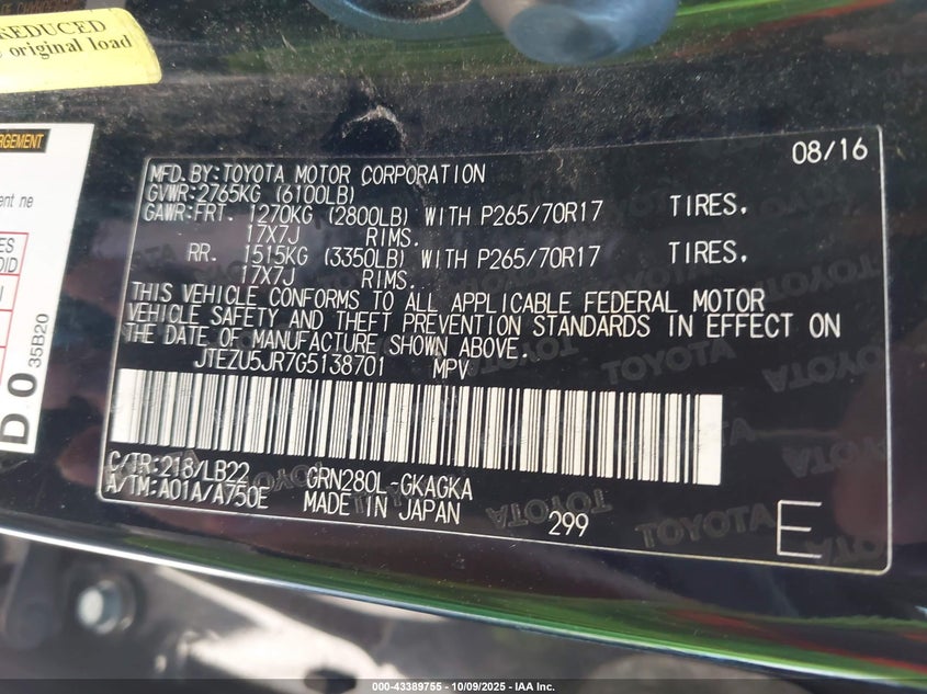 2016 Toyota 4runner VIN JTEZU5JR7G5138701 IAAI salvage auction — ENGINE DAMAGE, Clear (Oklahoma), sold $5,450 on 2026-07-14 (photo 9)