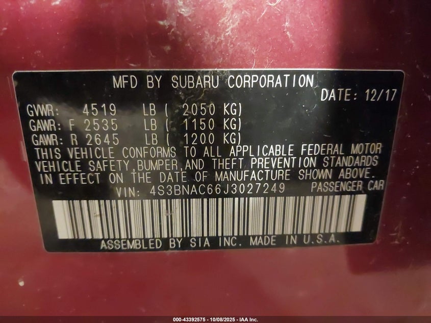 2018 Subaru LEGACY VIN 4S3BNAC66J3027249 IAAI salvage auction — FRONT & REAR, Salvage Title, sold $825 on 2026-07-22 (photo 9)