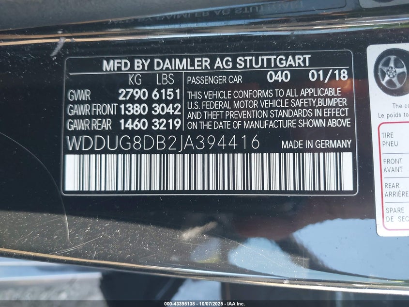 2018 Mercedes-benz S class VIN WDDUG8DB2JA394416 IAAI salvage auction — FRONT END, Salvage (New Jersey), sold $12,500 on 2026-08-19 (photo 9)