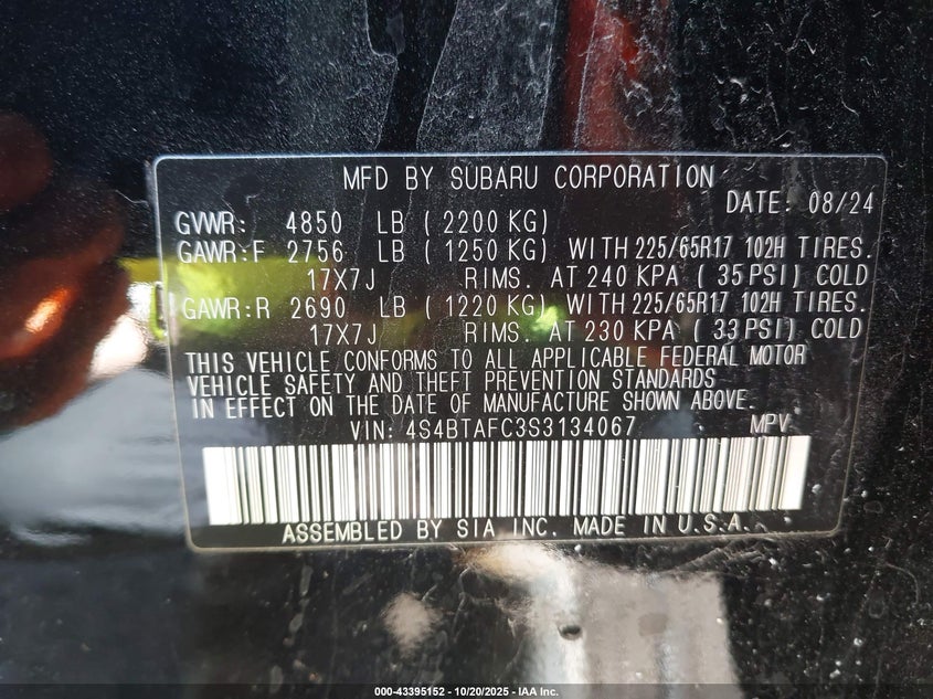 2025 Subaru Outback VIN 4S4BTAFC3S3134067 IAAI salvage auction — LEFT FRONT, Salvage (Indiana), sold $8,400 on 2026-08-26 (photo 9)