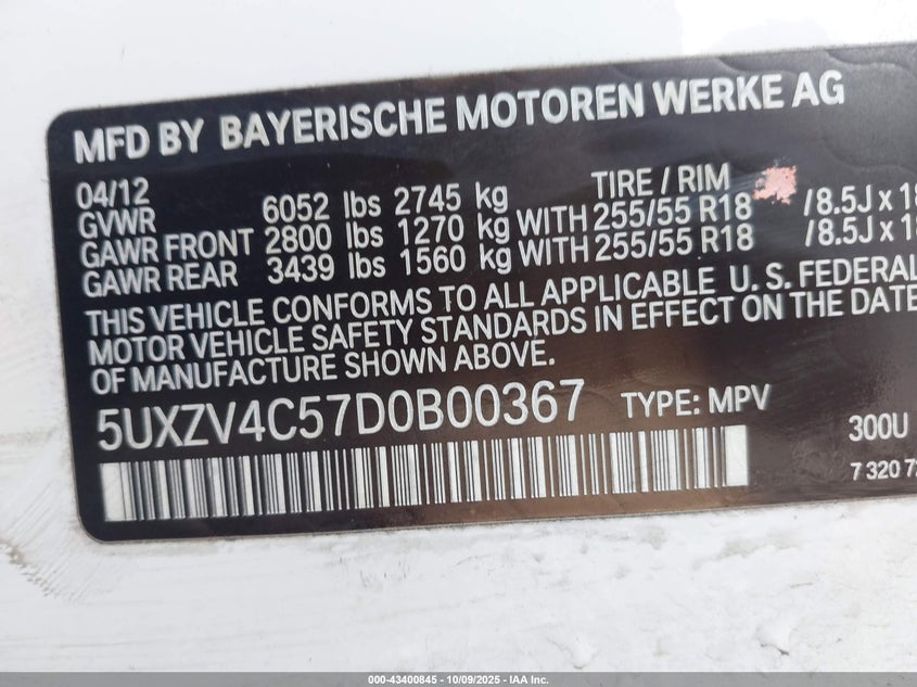 2013 BMW X5 VIN 5UXZV4C57D0B00367 IAAI salvage auction — FRONT END, Salvage (Oregon), sold $875 on 2026-07-06 (photo 9)