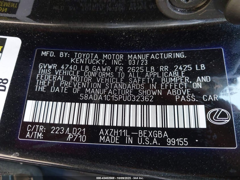 2023 Lexus Es 300h VIN 58ADA1C15PU032362 IAAI salvage auction — THEFT, Salvage Title, sold $14,375 on 2026-07-24 (photo 9)