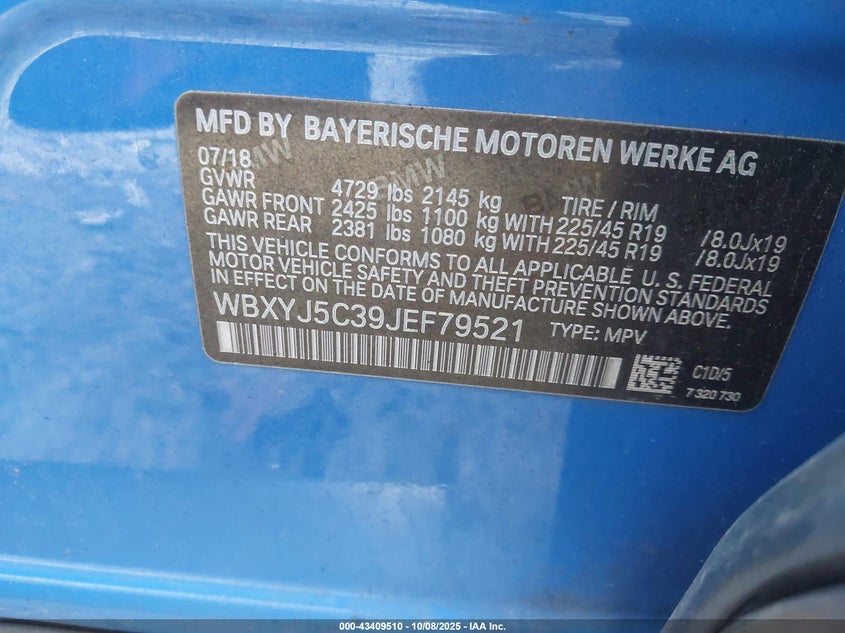2018 BMW X2 VIN WBXYJ5C39JEF79521 IAAI salvage auction — FRONT END, Mv-907A (New York), sold $1,000 on 2026-07-14 (photo 9)