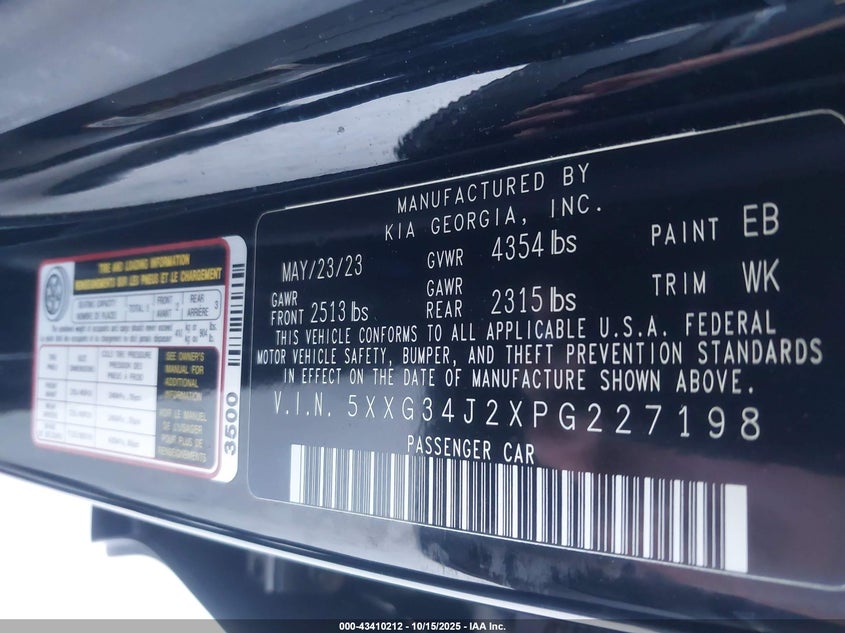 2023 Kia K5 VIN 5XXG34J2XPG227198 IAAI salvage auction — FRONT END, Salvage (Alabama), sold $5,250 on 2026-07-27 (photo 9)