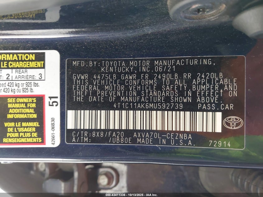 2021 Toyota Camry VIN 4T1C11AK6MU592739 IAAI salvage auction — FRONT END, Other, sold $2,950 on 2026-10-04 (photo 9)