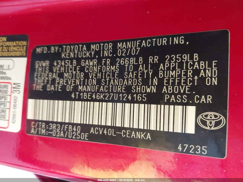 2007 Toyota Camry VIN 4T1BE46K27U124165 IAAI salvage auction — REPOSSESSION, Original (Texas), sold $500 on 2026-07-10 (photo 9)