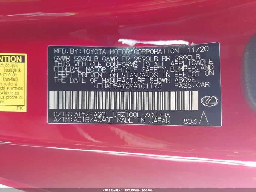 2021 Lexus Lc VIN JTHAP5AY2MA101170 IAAI salvage auction — FRONT END, Clear (Hawaii), sold $36,150 on 2026-07-07 (photo 9)