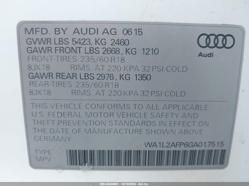 2016 Audi Q5 VIN WA1L2AFP6GA017515 IAAI salvage auction — FRONT END, Salvage Title, sold $1,650 on 2026-07-29 (photo 9)