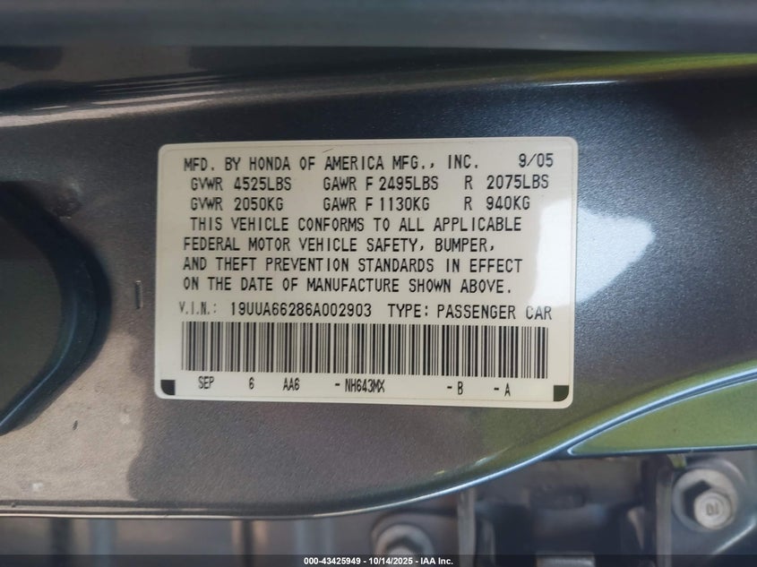 2006 Acura Tl VIN 19UUA66286A002903 IAAI salvage auction — FRONT END, Salvage (Ohio), sold $150 on 2026-07-10 (photo 9)