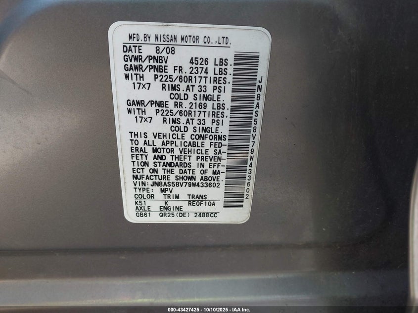 2009 Nissan Rogue VIN JN8AS58V79W433602 IAAI salvage auction — REAR END, Salvage (Mississippi), sold $100 on 2026-07-22 (photo 9)