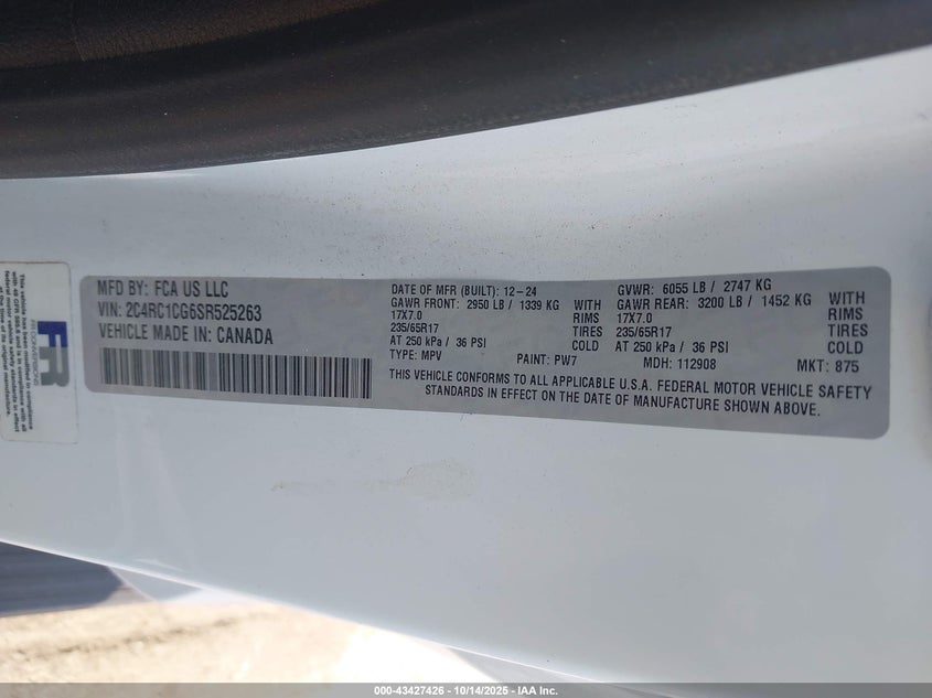 2025 Chrysler Voyager VIN 2C4RC1CG6SR525263 IAAI salvage auction — FRONT & REAR, Other, sold $500 on 2026-07-21 (photo 9)