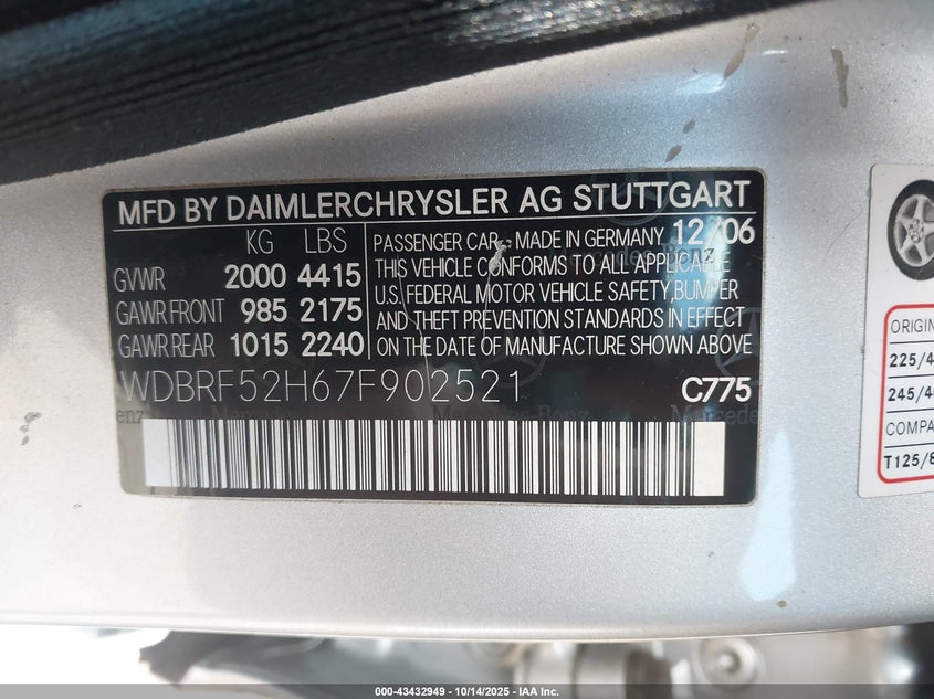 2007 Mercedes-benz C class VIN WDBRF52H67F902521 IAAI salvage auction — REAR END, Salvage (Hawaii), sold $100 on 2026-07-21 (photo 9)