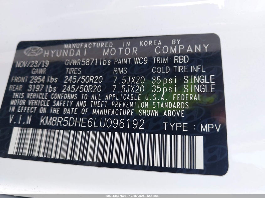 2020 Hyundai Palisade VIN KM8R5DHE6LU096192 IAAI salvage auction — RIGHT FRONT, Salvage (North Carolina), sold $7,250 on 2026-07-13 (photo 9)