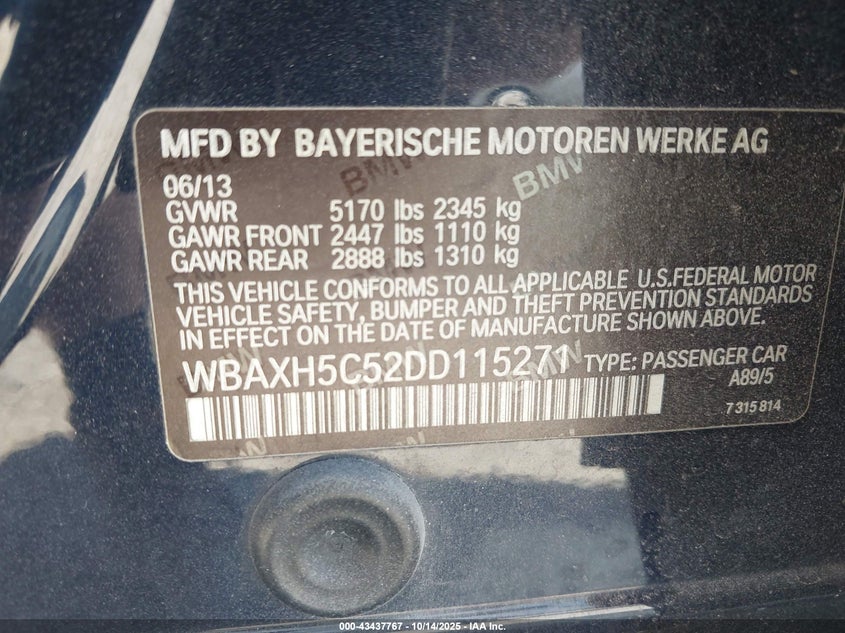 2013 BMW 5 series VIN WBAXH5C52DD115271 IAAI salvage auction — SIDE, Other, sold $1,600 on 2026-07-06 (photo 9)