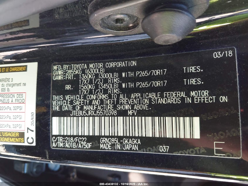 2018 Toyota 4runner VIN JTEBU5JRXJ5570398 IAAI salvage auction — ROLLOVER, Salvage (Georgia), sold $4,500 on 2026-07-10 (photo 9)