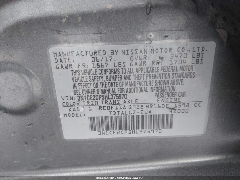 2017 Nissan Versa note VIN 3N1CE2CP5HL375970 IAAI salvage auction — FRONT END, Other, sold $925 on 2026-07-09 (photo 9)