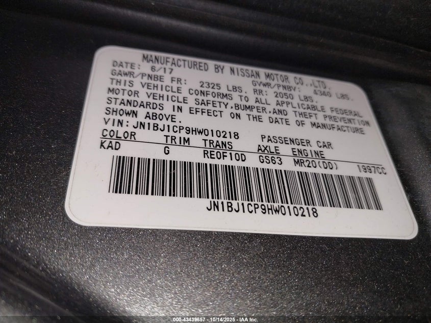 2017 Nissan Rogue sport VIN JN1BJ1CP9HW010218 IAAI salvage auction — FRONT & REAR, Salvage (Arizona), sold $25 on 2026-07-28 (photo 9)