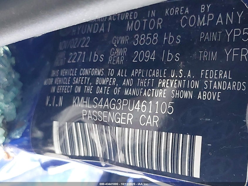 2023 Hyundai Elantra VIN KMHLS4AG3PU461105 IAAI salvage auction — ALL OVER, Certificate Of Destruction (Florida), sold $1,725 on 2026-07-09 (photo 9)