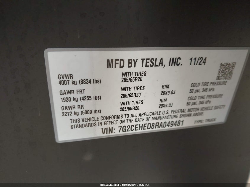 2024 Tesla Cybertruck VIN 7G2CEHED8RA049481 IAAI salvage auction — Front End, Salvage (Hawaii), sold $21,250 on 2026-02-26 (photo 9)