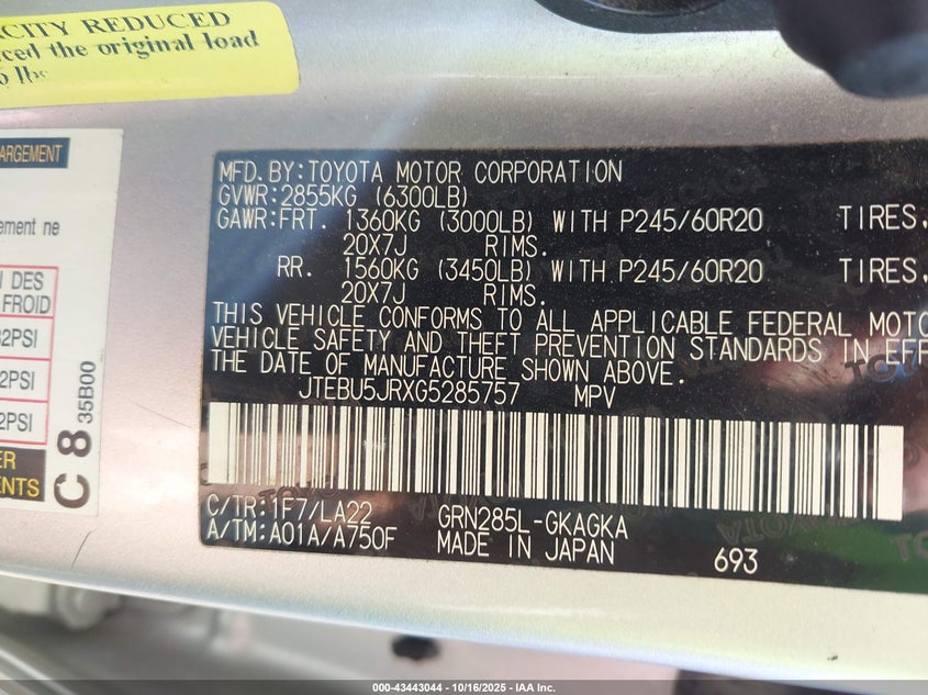 2016 Toyota 4runner VIN JTEBU5JRXG5285757 IAAI salvage auction — FRONT & REAR, Clear (Oklahoma), sold $7,200 on 2026-07-28 (photo 9)