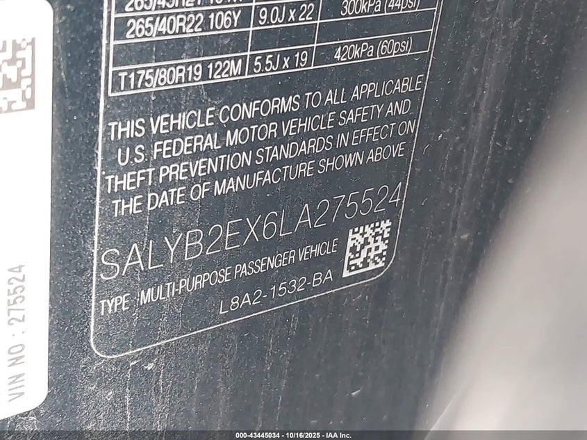 2020 Land rover Range rover velar VIN SALYB2EX6LA275524 IAAI salvage auction — FRONT END, Salvage (Indiana), sold $9,800 on 2026-07-21 (photo 9)
