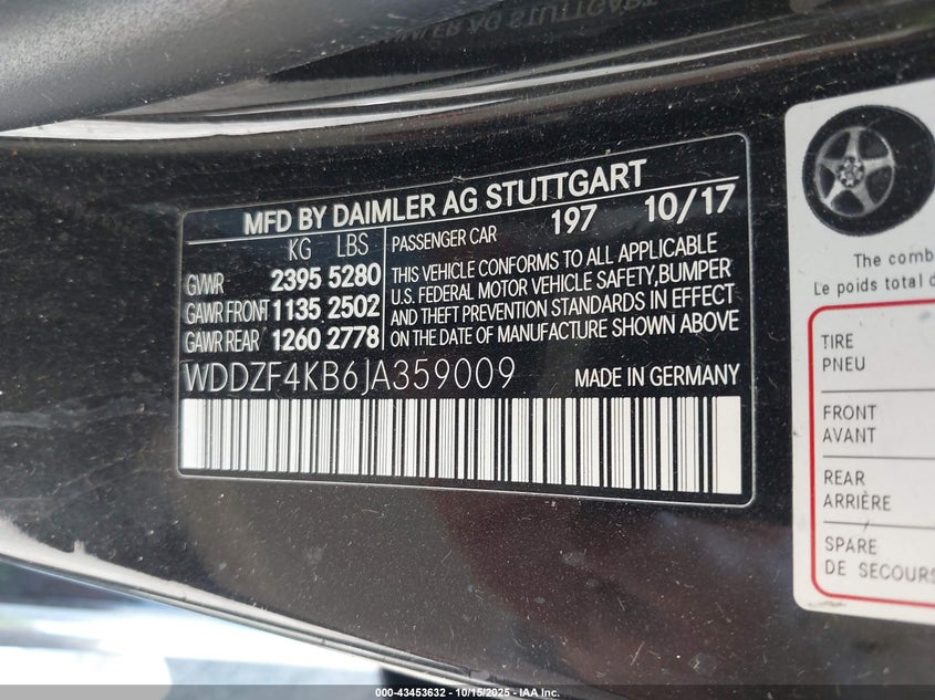 2018 Mercedes-benz E-class VIN WDDZF4KB6JA359009 IAAI salvage auction — ALL OVER, Other, sold $2,650 on 2026-08-08 (photo 9)