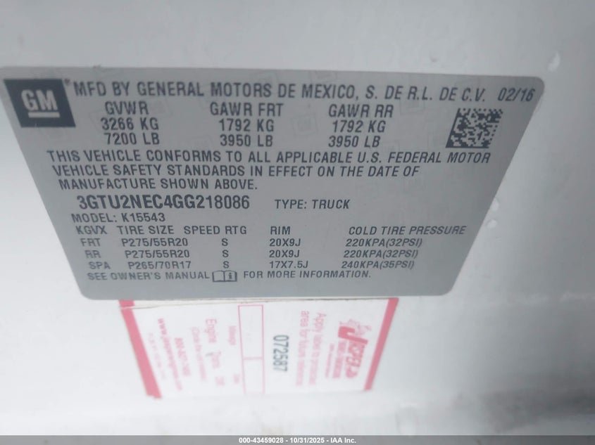 2016 Gmc Sierra 1500 VIN 3GTU2NEC4GG218086 IAAI salvage auction — FRONT END, Other, sold $4,450 on 2026-07-25 (photo 9)