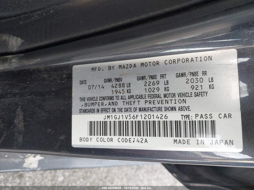 2015 Mazda 6 VIN JM1GJ1V56F1201426 IAAI salvage auction — FRONT END, Salvage (Indiana), sold $450 on 2026-09-02 (photo 9)