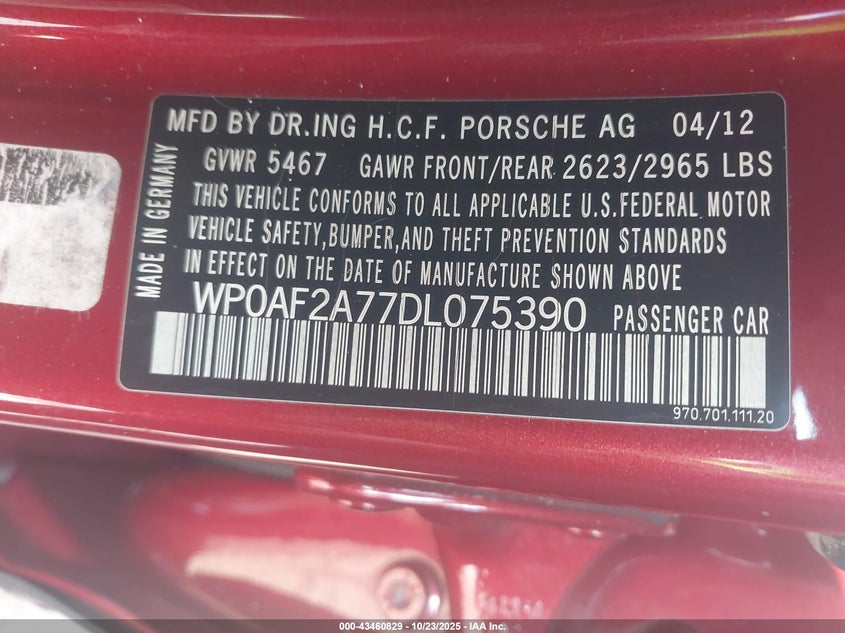 2013 Porsche Panamera VIN WP0AF2A77DL075390 IAAI salvage auction — REAR END, Other, sold $9,200 on 2026-07-29 (photo 9)