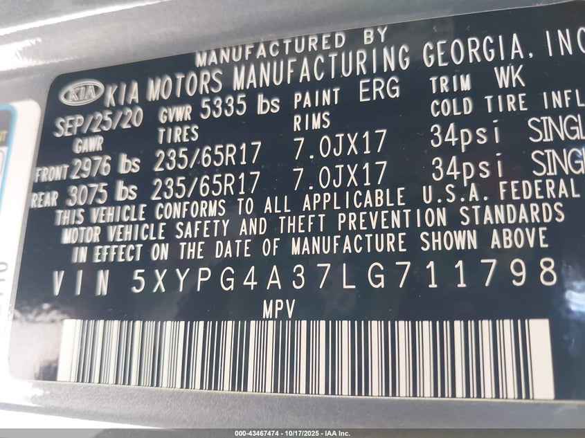 2020 Kia Sorento VIN 5XYPG4A37LG711798 IAAI salvage auction — ENGINE DAMAGE, Certificate Of Destruction (Florida), sold $1,150 on 2026-07-28 (photo 9)