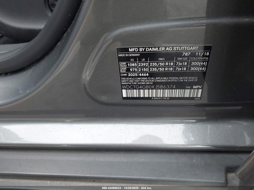 2019 Mercedes-benz Gla-class VIN WDCTG4GB0KJ586374 IAAI salvage auction — WATER/FLOOD, Salvage (New Jersey), sold $6,050 on 2026-07-06 (photo 9)