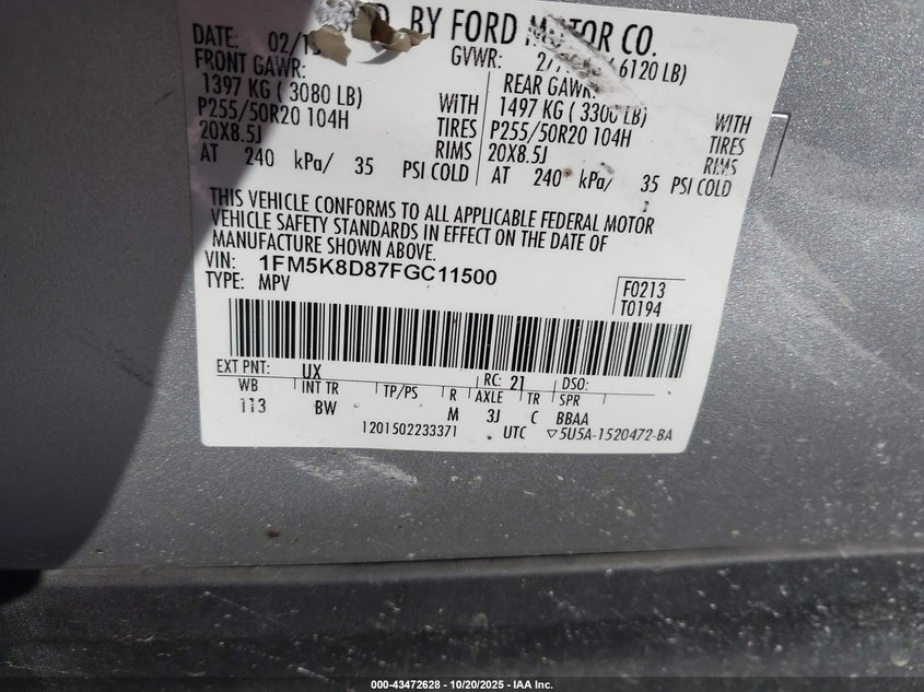 2015 Ford Explorer VIN 1FM5K8D87FGC11500 IAAI salvage auction — SIDE, Salvage (Tennessee), sold $600 on 2026-07-18 (photo 9)