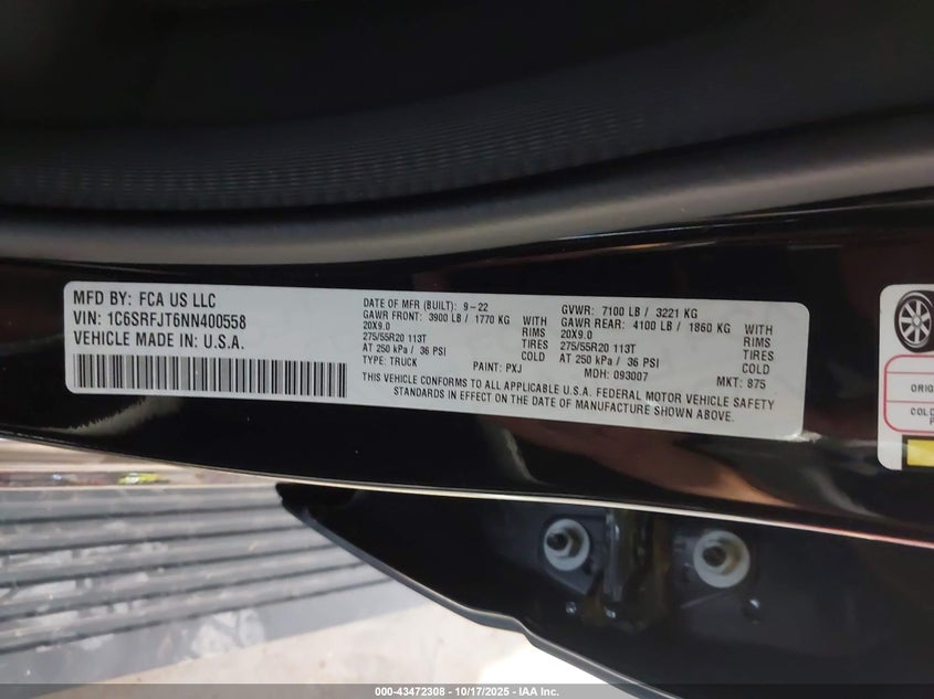 2022 Ram 1500 VIN 1C6SRFJT6NN400558 IAAI salvage auction — FRONT END, Wait Title, sold $10,400 on 2026-08-03 (photo 9)