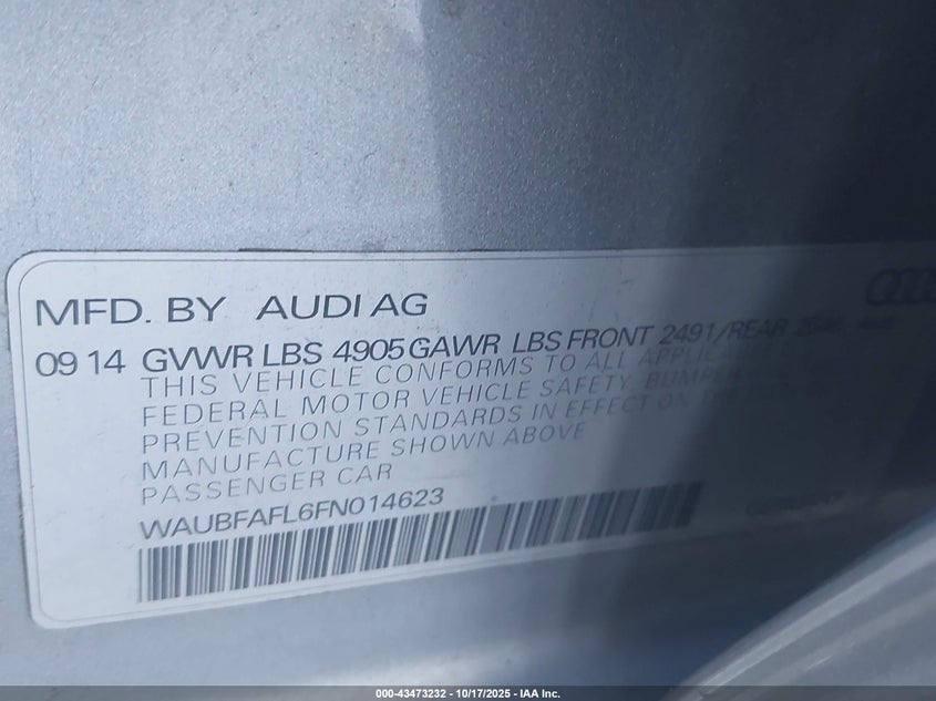 2015 Audi A4 VIN WAUBFAFL6FN014623 IAAI salvage auction — LEFT SIDE, Clear (Indiana), sold $1,000 on 2026-07-16 (photo 9)