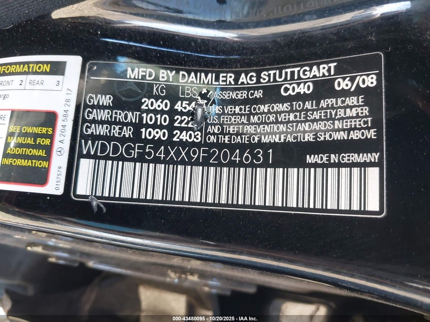 2009 Mercedes-benz C class VIN WDDGF54XX9F204631 IAAI salvage auction — SIDE, Salvage (Oregon), sold $675 on 2026-08-10 (photo 9)