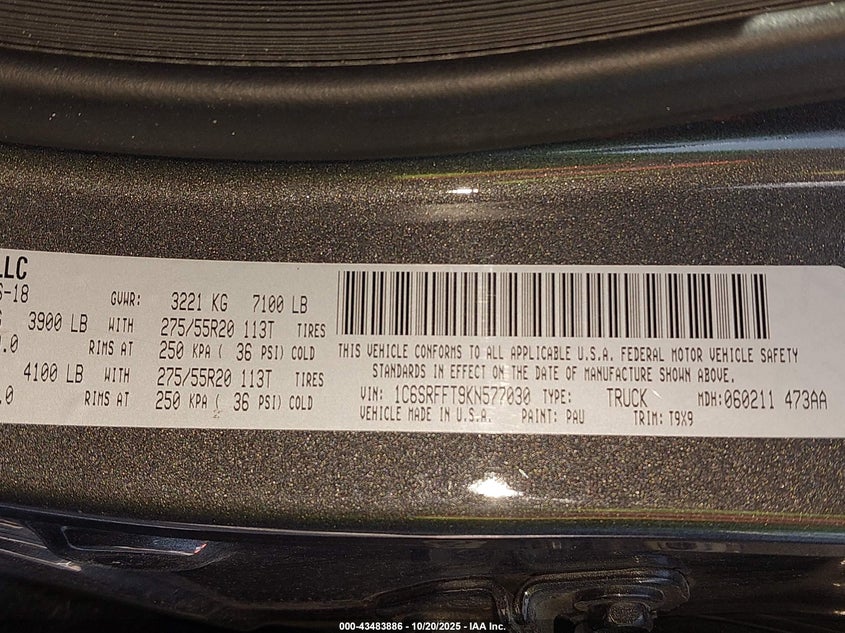 2019 Ram 1500 VIN 1C6SRFFT9KN577030 IAAI salvage auction — FRONT END, Salvage (California), sold $3,600 on 2026-07-09 (photo 9)