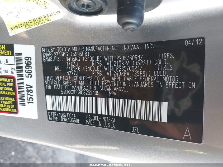 2012 Toyota Sienna VIN 5TDKK3DC8CS252105 IAAI salvage auction — FRONT END, Other, sold $1,475 on 2026-07-20 (photo 9)