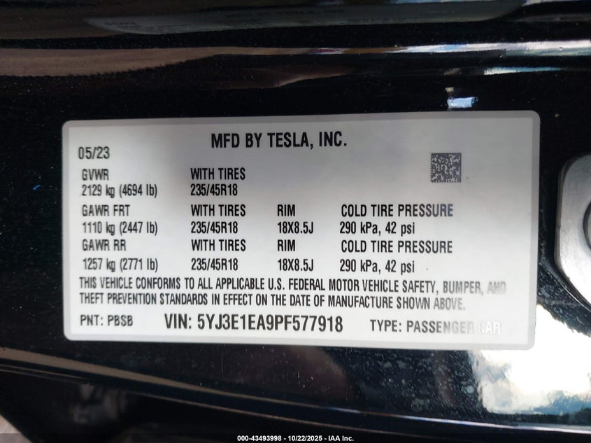 2023 Tesla Model 3 VIN 5YJ3E1EA9PF577918 IAAI salvage auction — REAR END, Other, sold $7,900 on 2026-07-15 (photo 9)