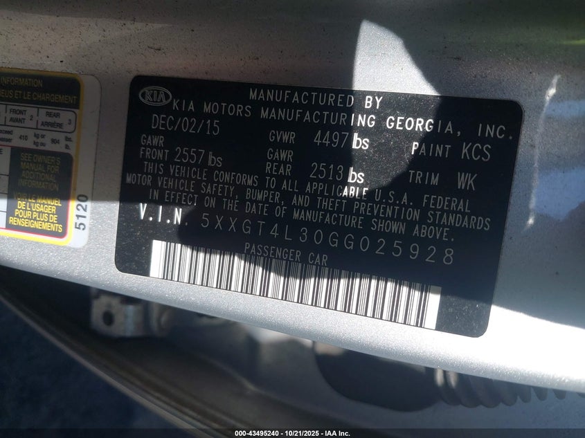 2016 Kia Optima VIN 5XXGT4L30GG025928 IAAI salvage auction — REAR END, Other, sold $1,250 on 2026-07-16 (photo 9)