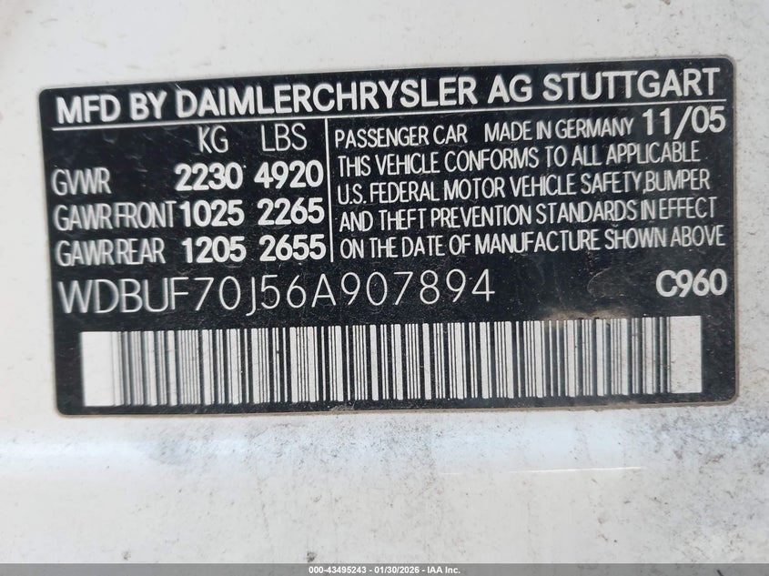 2006 Mercedes-benz E-klasse VIN WDBUF70J56A907894 IAAI salvage auction — REAR END, Salvage (Idaho), sold $100 on 2026-07-23 (photo 9)