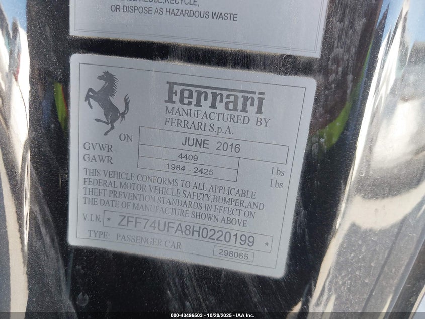2017 Ferrari F12 Berlinetta VIN ZFF74UFA8H0220199 IAAI salvage auction — Front End, Original (Texas), sold $44,500 on 2025-11-17 (photo 9)