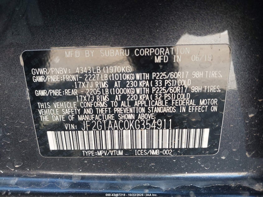 2019 Subaru Crosstrek VIN JF2GTAAC0KG354911 IAAI salvage auction — LEFT SIDE, Salvage (California), sold $2,000 on 2026-07-28 (photo 9)