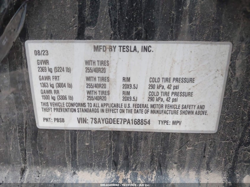 2023 Tesla Model y VIN 7SAYGDEE7PA168854 IAAI salvage auction — FRONT END, Other, sold $5,700 on 2026-08-22 (photo 9)