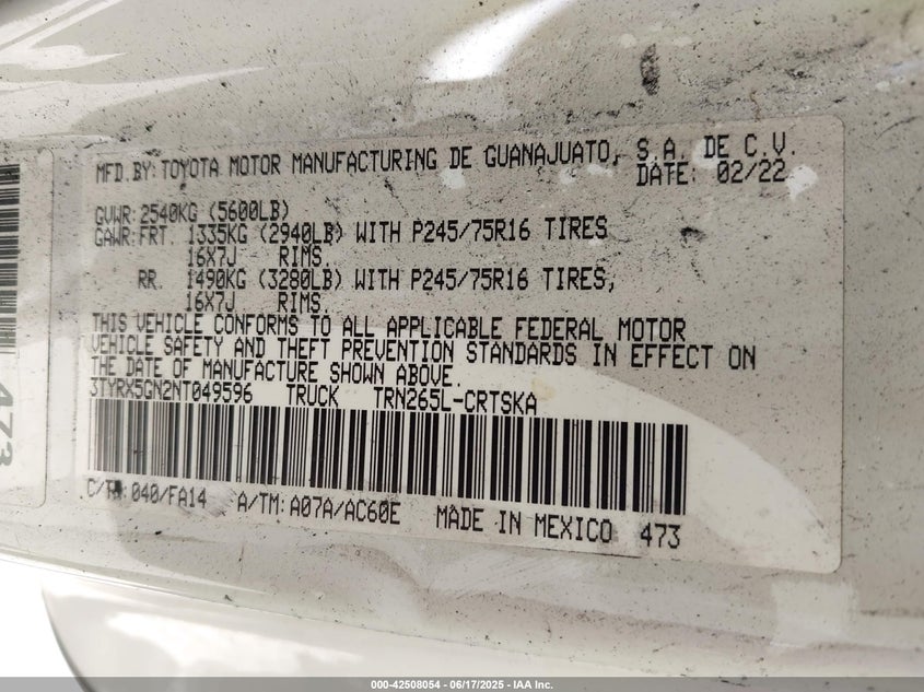 2022 Toyota Tacoma VIN 3TYRX5GN2NT049596 IAAI salvage auction — EXTERIOR BURN, Salvage Title, sold $2,750 on 2026-07-20 (photo 9)