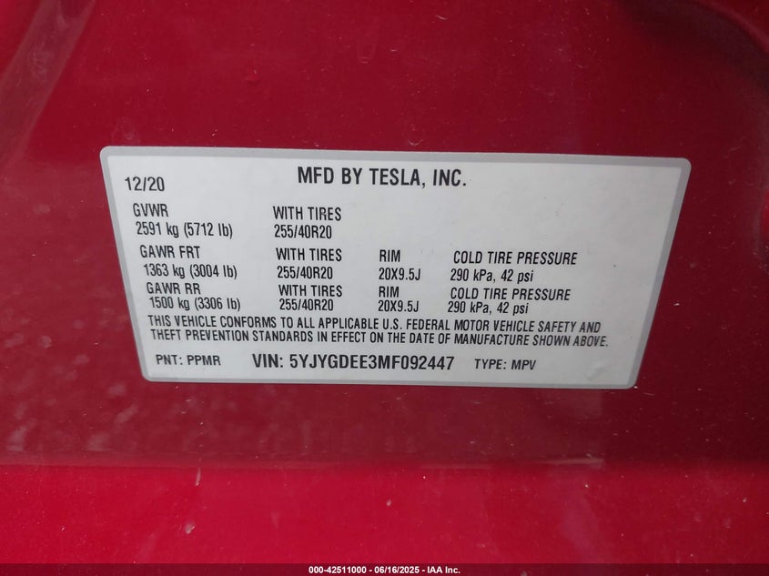 2021 Tesla Model y VIN 5YJYGDEE3MF092447 IAAI salvage auction — RIGHT FRONT, Clear (Tennessee), sold $4,650 on 2026-07-30 (photo 9)
