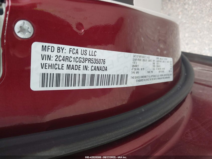 2023 Chrysler Voyager VIN 2C4RC1CG3PR535076 IAAI salvage auction — FRONT END, Enterprise Vehicles Clear Only (Florida), sold $12,225 on 2026-08-04 (photo 9)
